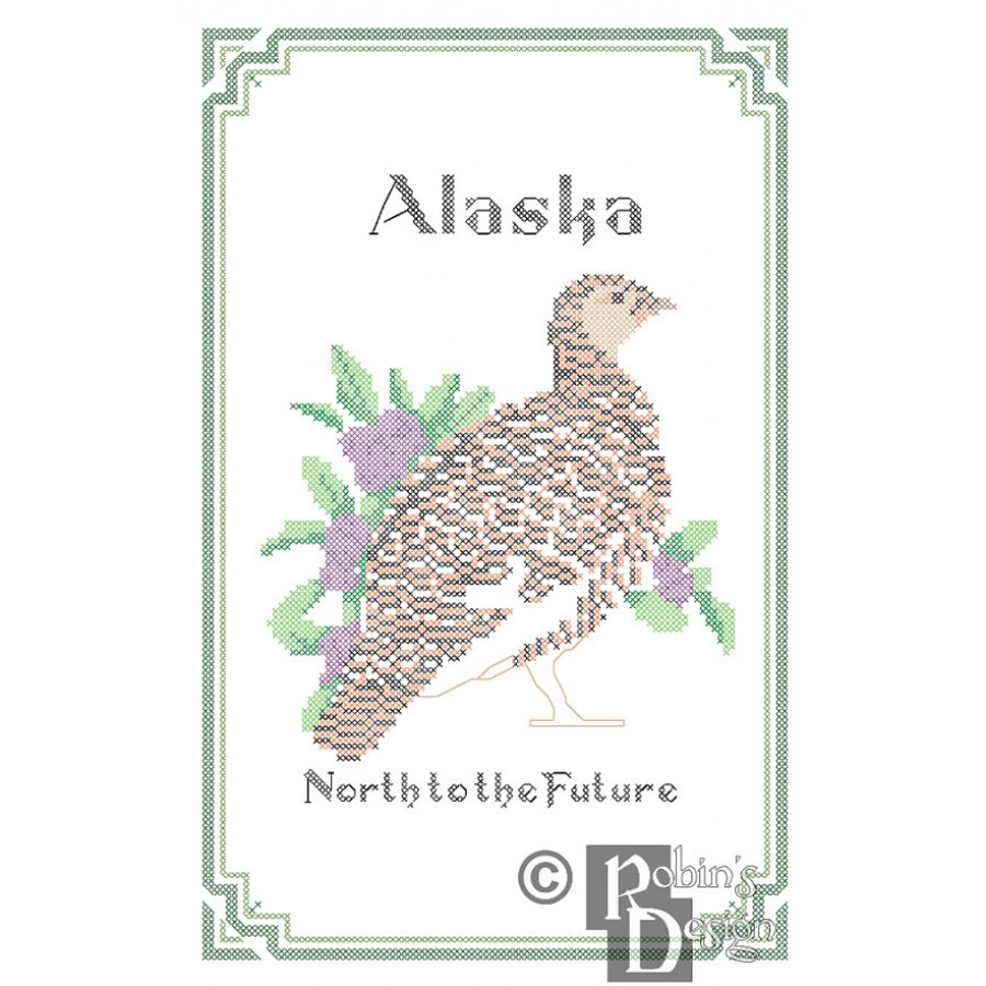 Alaska State Bird, Flower and Motto Cross Stitch Pattern PDF Download