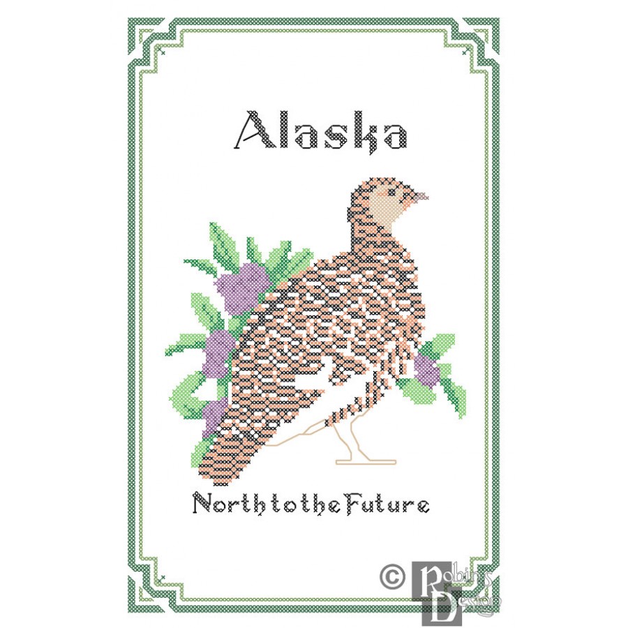 Alaska State Bird, Flower and Motto Cross Stitch Pattern PDF Download