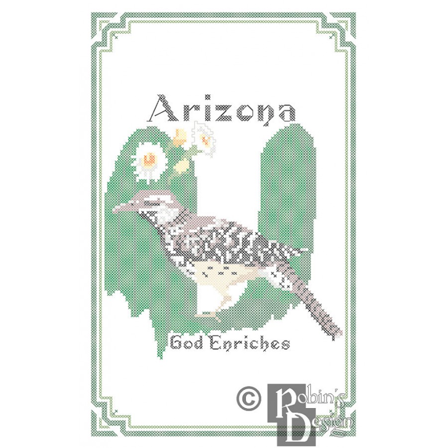 Arizona State Bird, Flower and Motto Cross Stitch Pattern PDF Download