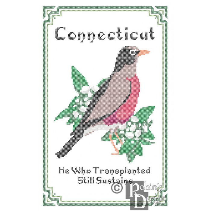 Connecticut State Bird, Flower and Motto Cross Stitch Pattern PDF Download