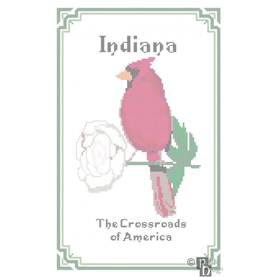 Indiana State Bird, Flower and Motto Cross Stitch Pattern PDF Download