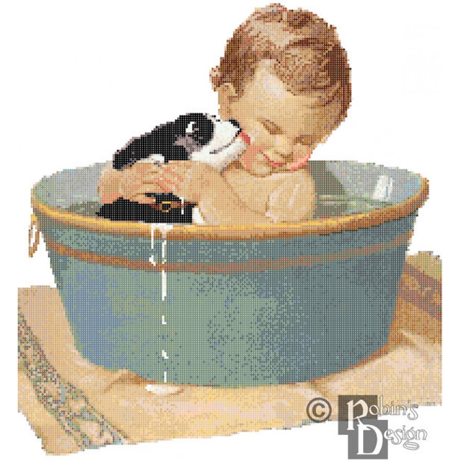 Jessie Willcox-Smith's Baby and Pup in Washtub Cross Stitch Pattern PDF Download