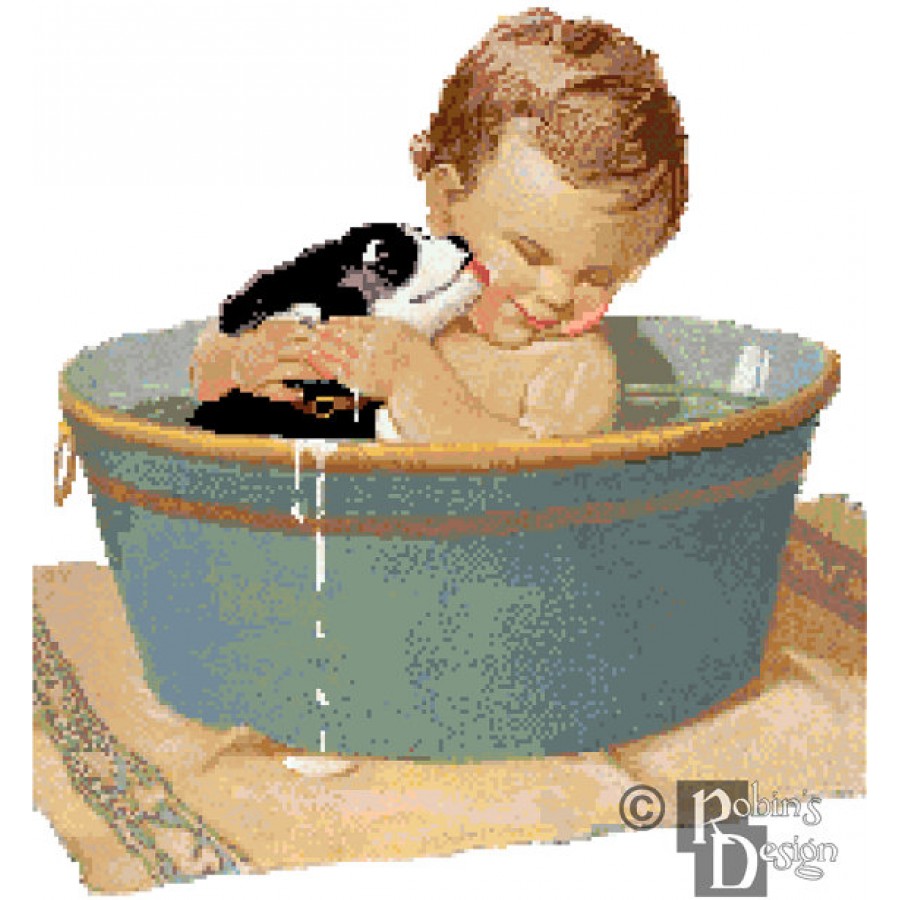 Jessie Willcox-Smith's Baby and Pup in Washtub Cross Stitch Pattern PDF Download