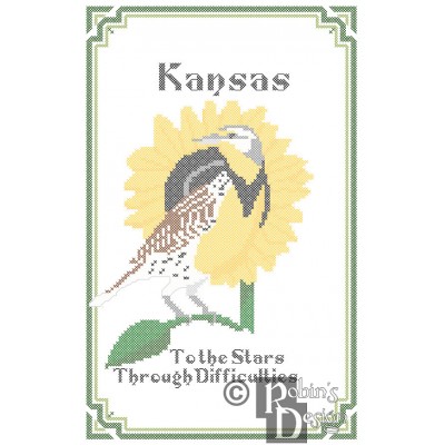 Kansas State Bird, Flower and Motto Cross Stitch Pattern PDF Download