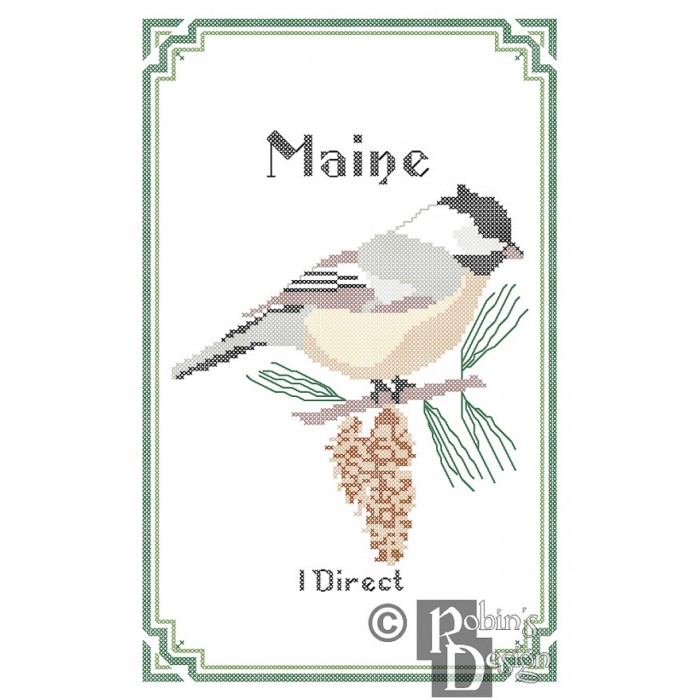 Maine State Bird, Flower and Motto Cross Stitch Pattern PDF Download