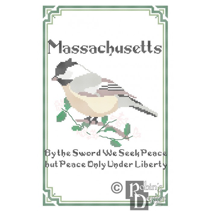 Massachusetts State Bird, Flower and Motto Cross Stitch Pattern PDF Download
