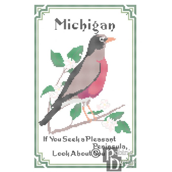 Michigan State Bird, Flower and Motto Cross Stitch Pattern PDF Download