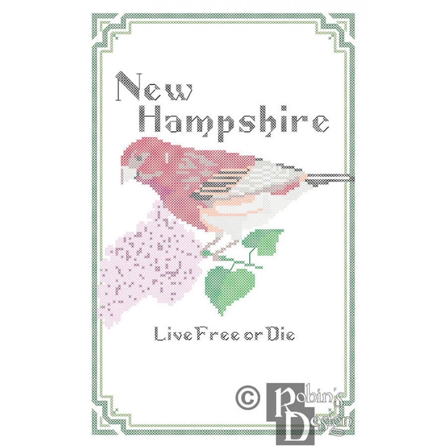 New Hampshire State Bird, Flower and Motto Cross Stitch Pattern PDF Download