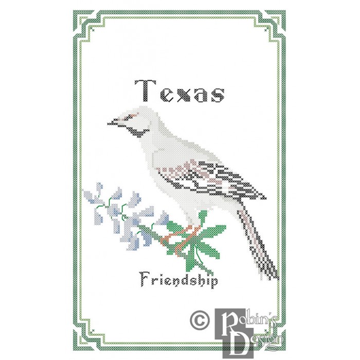 Texas State Bird, Flower and Motto Cross Stitch Pattern PDF Download