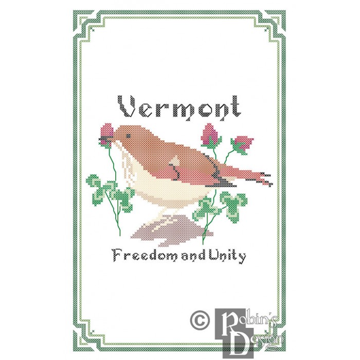 Vermont State Bird, Flower and Motto Cross Stitch Pattern PDF Download